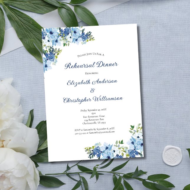 Invitación Floral azul acuática verde para la cena (Blue Watercolor Floral with Greenery Wedding Rehearsal dinner invitation)