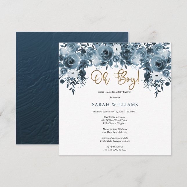 Invitación Floral azul acuático | Dorado Oh Boy Shower (Anverso / Reverso)