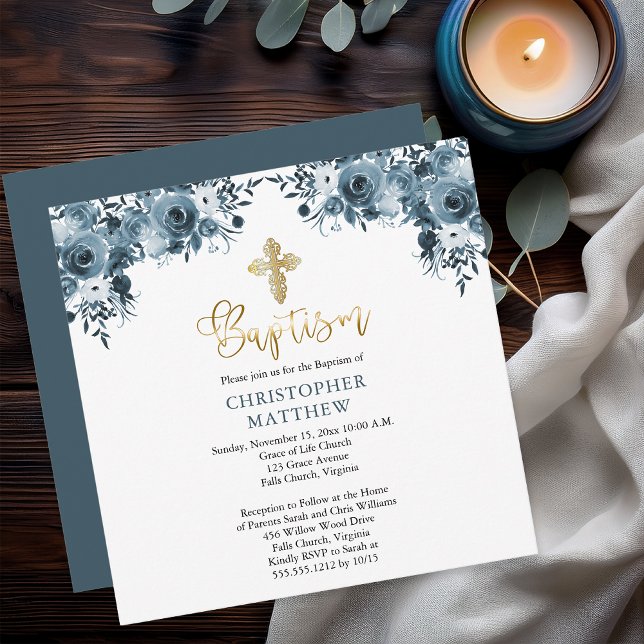 Invitación Floral azul acuático | Faux Gold Boy Baptism (Elegant Blue Watercolor Floral Faux Gold Accents Boy Baptism Invitation - Print | Digital Download)