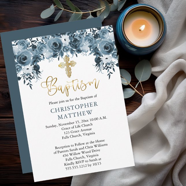 Invitación Floral azul acuático | Faux Gold Boy Baptism (Elegant Blue Watercolor Floral Faux Gold Accents Boy Baptism Invitation - Print | Digital Download)