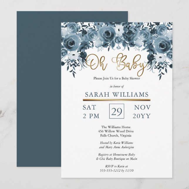 Invitación Floral azul acuático | Gold Boy Oh Baby Shower (Anverso / Reverso)