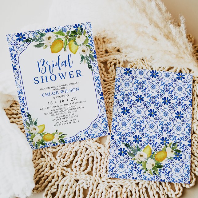 Invitación Floral azul amarillo blanco azul Lemon Briower (Mediterranean blue yellow tiles and lemon bridal shower invitation template.)