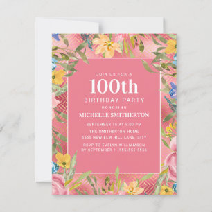 Invitación Floral azul amarillo dorado rosado 100 cumpleaños