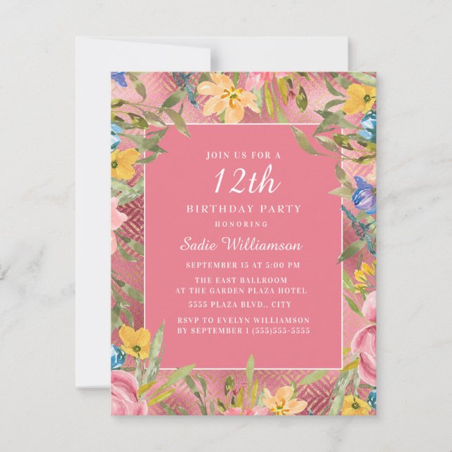 Invitación Floral azul amarillo dorado rosado 12º cumpleaños (Anverso)