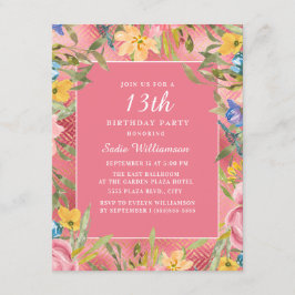 Invitación Floral azul amarillo dorado rosado 13 cumpleaños