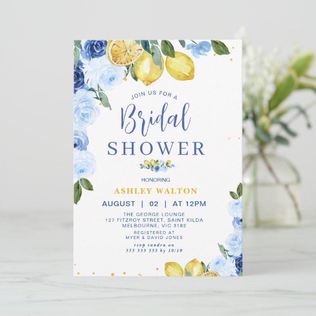 Invitación Floral Azul Amarillo Lemon Temática Ducha de Novia (Anverso de pie)