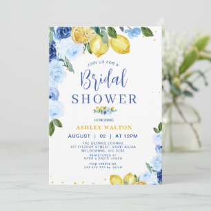 Invitación Floral Azul Amarillo Lemon Temática Ducha de Novia