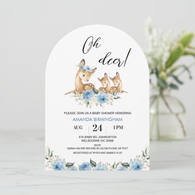 Invitación Floral azul arcaico Oh gemelos ciervos Baby Shower (Anverso de pie)