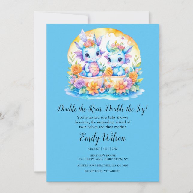 Invitación Floral azul arcoiris Twin Dragons Baby Shower (Anverso)