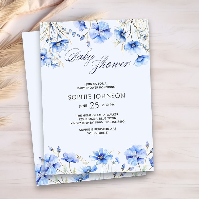 Invitación Floral azul Baby Shower elegante de verano (Blue Floral Baby Shower Invitation)