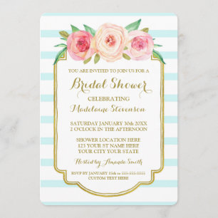Invitación Floral azul Banda dorada Floral Bridal