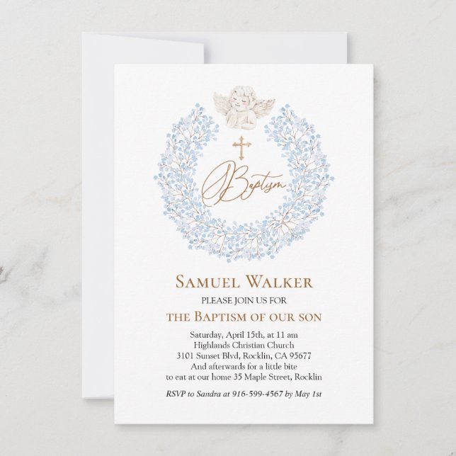 Invitación Floral Azul Bebé Ángel Cruz Baptismo (Anverso)