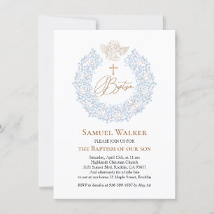 Invitación Floral Azul Bebé Ángel Cruz Baptismo