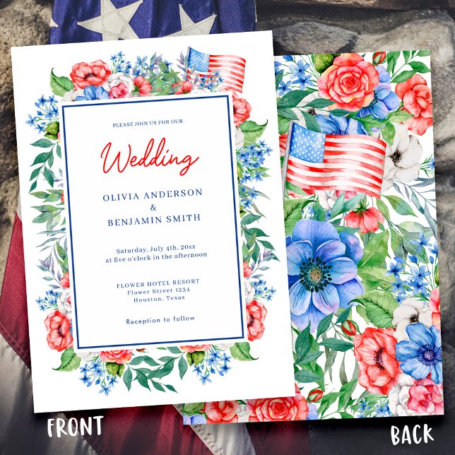 Invitación Floral azul blanco rojo 4 de julio Boda patriótico (Subido por el creador)