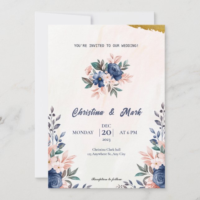 Invitación Floral azul Boda simple (Anverso)