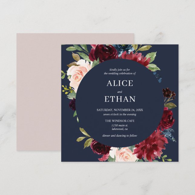 Invitación Floral Azul Boho Borgoña Y Marina (Anverso / Reverso)