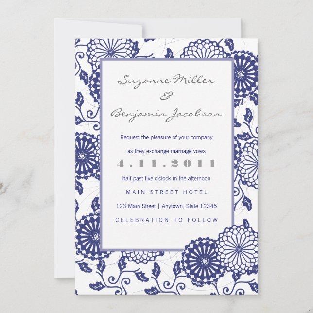 Invitación floral azul bonita de la boda (Anverso)