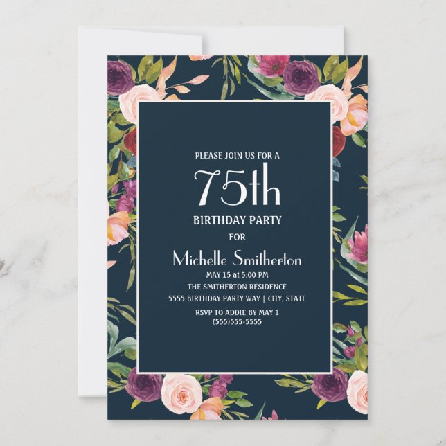 Invitación Floral azul borgoña Rubor 75º cumpleaños (Anverso)