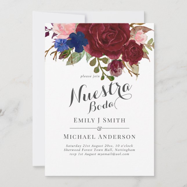 Invitación Floral azul borgoñona marina Nuestra Boda Español (Anverso)