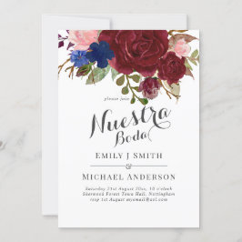 Invitación Floral azul borgoñona marina Nuestra Boda Español
