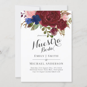 Invitación Floral azul borgoñona marina Nuestra Boda Español