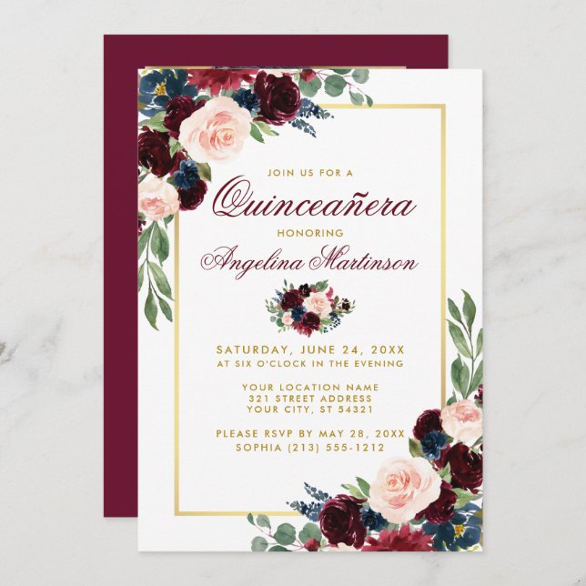 Invitación Floral azul borgoñona Quinceanera Gold Photo (Anverso / Reverso)