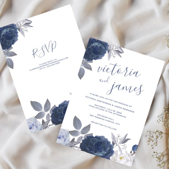 Invitación Floral azul brillante Boda de verano con RSVP (Summer Wedding Bright Blue Floral With RSVP Invitation)