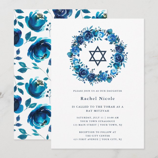 Invitación Floral azul brillante y estrella de David| Bat Mit (Anverso / Reverso)