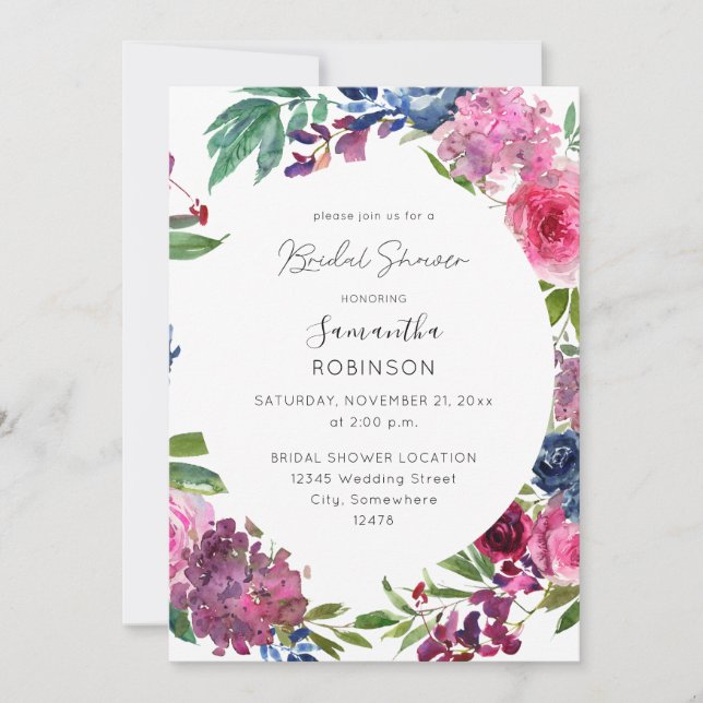 Invitación Floral azul caliente rosa y marina ducha de novia (Anverso)