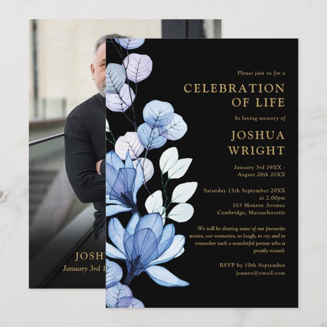 Invitación Floral Azul Celebración De La Vida Foto Funeral (Anverso / Reverso)