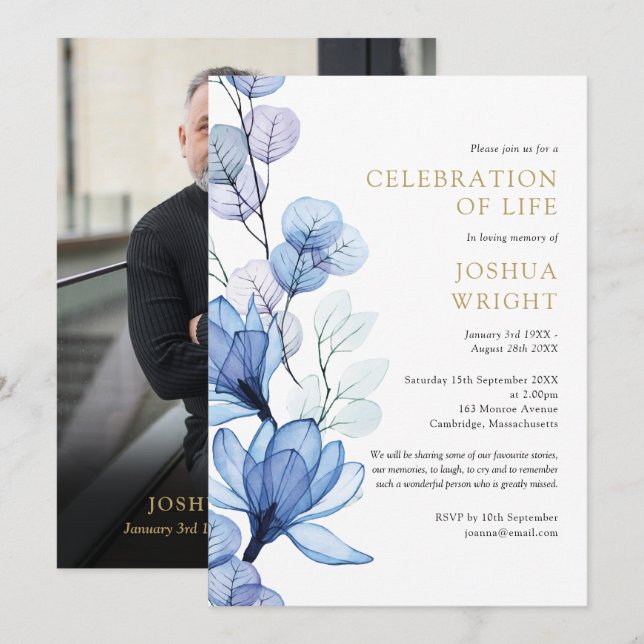 Invitación Floral Azul Celebración De La Vida Foto Funeral (Anverso / Reverso)