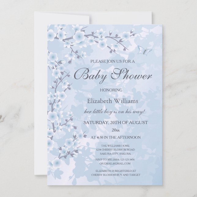 Invitación Floral azul cerezo en flor floral Baby Shower (Anverso)
