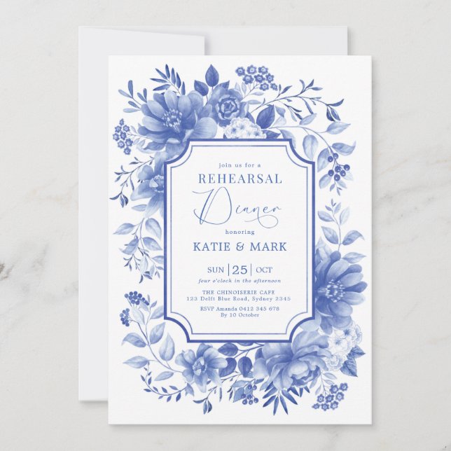 Invitación Floral azul Chinoiserie Ensayo de porcelana Cena (Anverso)