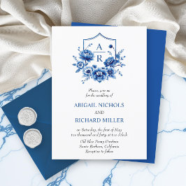 Invitación Floral azul Chinoiserie escudo de flores de peonía