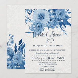 Invitación Floral azul Chintz Damask de la Marina de Ducha Az