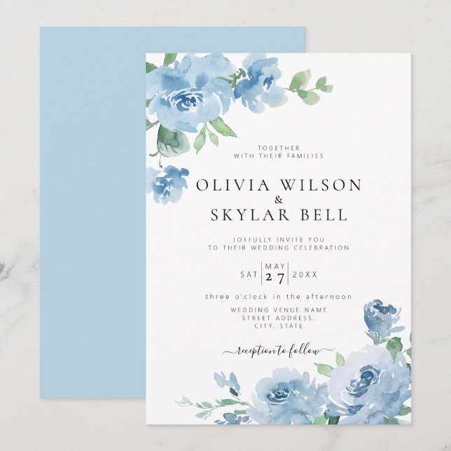 Invitación Floral Azul claro Bebé Azul Boda Botánico Invi (Anverso / Reverso)