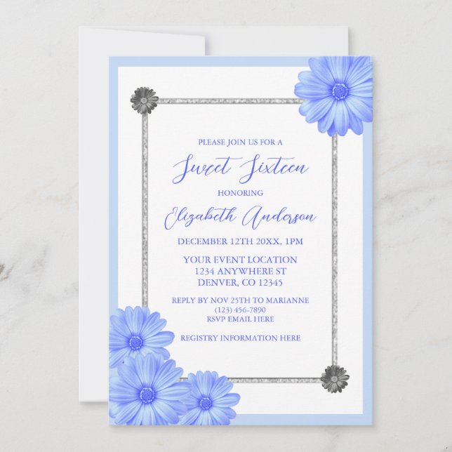Invitación Floral azul claro elegante dulce dieciséis (Anverso)