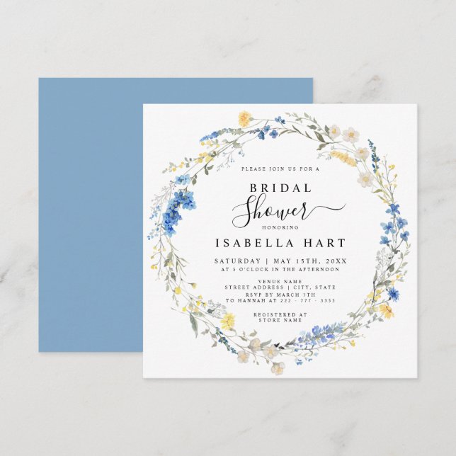 Invitación Floral azul claro Floral Dusty Bridal Shower (Anverso / Reverso)