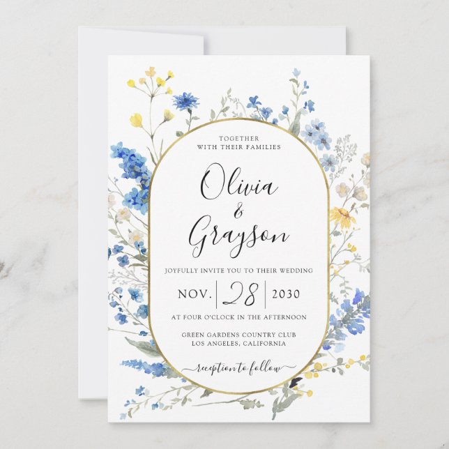 Invitación Floral Azul claro Oro QR RSVP Todo En 1 Boda (Anverso)