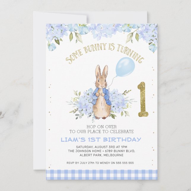 Invitación Floral azul claro Peter Rabbit 1 cumpleaños (Anverso)
