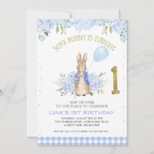 Invitación Floral azul claro Peter Rabbit 1 cumpleaños
