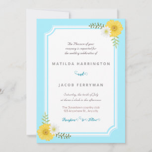 Invitación floral azul claro y amarillo pastel