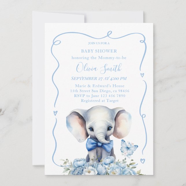 Invitación Floral azul con Baby Shower de elefante de maripos (Anverso)