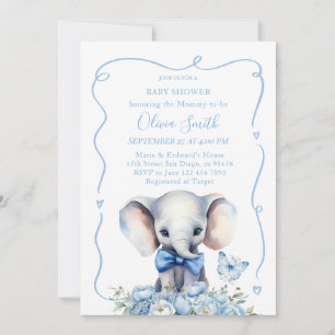 Invitación Floral azul con Baby Shower de elefante de maripos