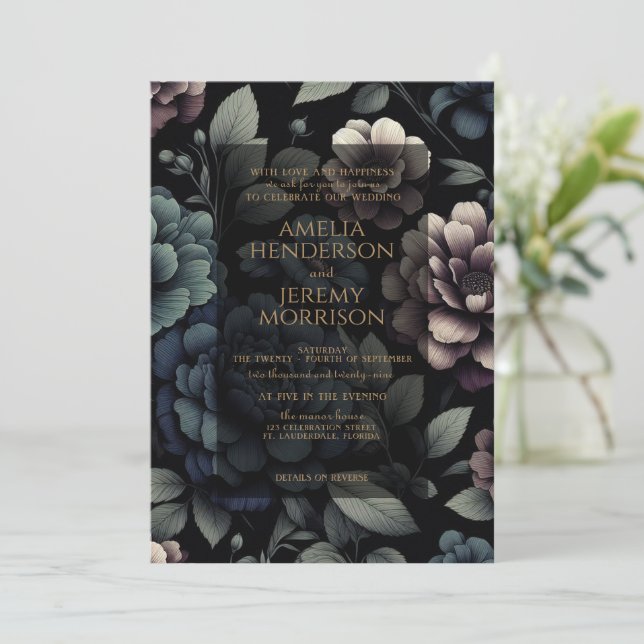 Invitación Floral azul con detalles (Anverso de pie)