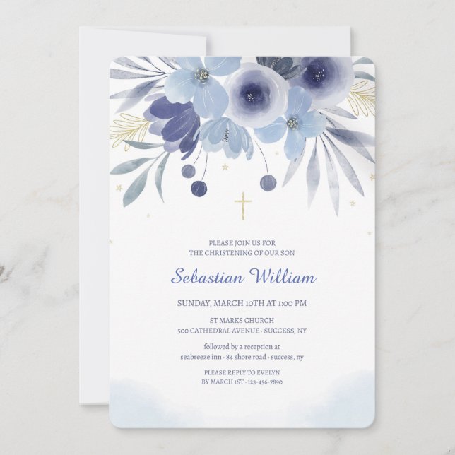 Invitación floral azul de bautismo (Anverso)