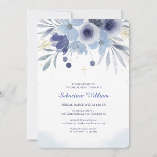 Invitación Floral Azul de Bautizo