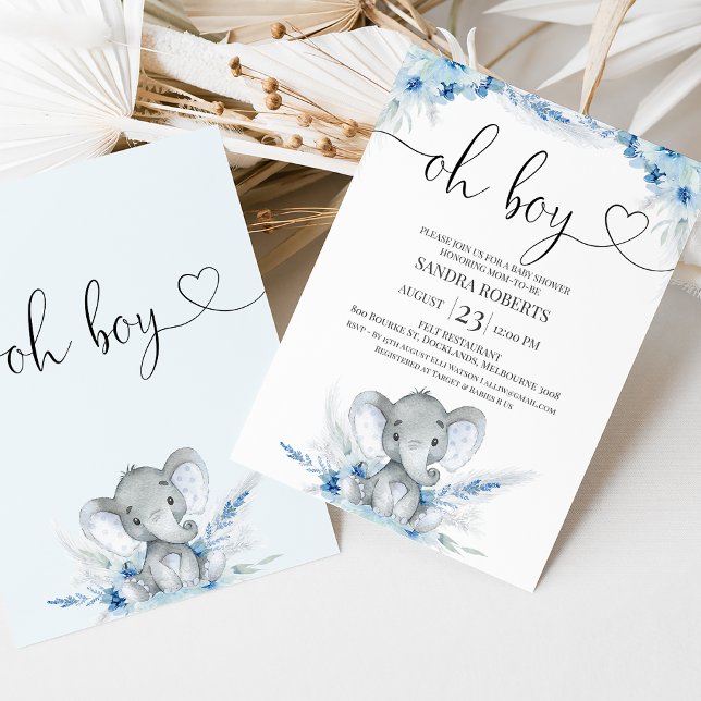 Invitación Floral azul de Boho Oh Boy Elephant Baby Shower (Blue boho floral elephant baby shower invitation featuring a calligraphy heading with a heart.)