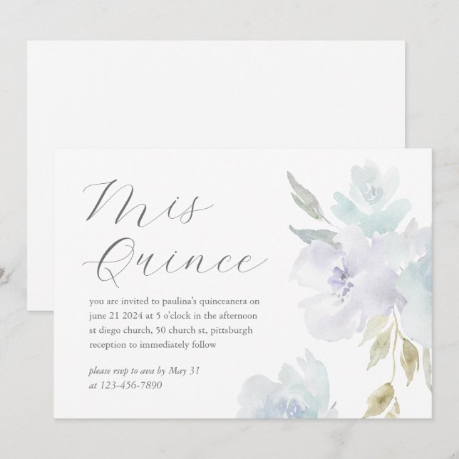 Invitación Floral azul de bonito 15 años cumpleaños Quinceañe (Anverso / Reverso)