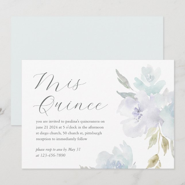 Invitación Floral azul de bonito 15 años cumpleaños Quinceañe (Anverso / Reverso)